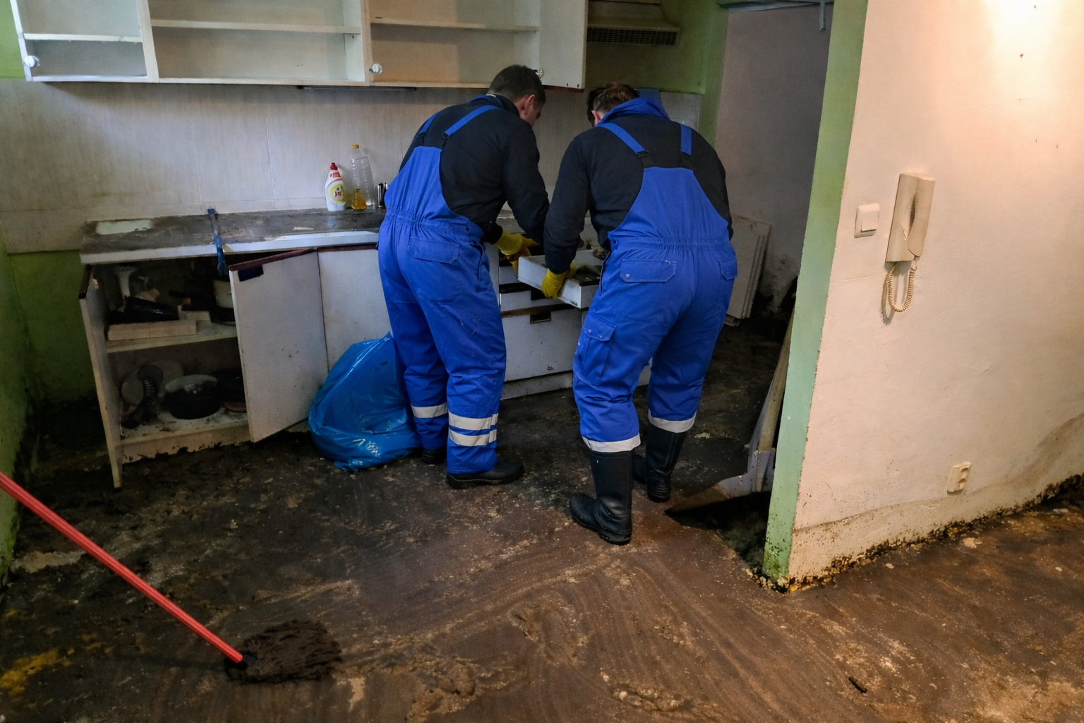 pracovníci při čištění zaplavené kuchyně v monterkach
